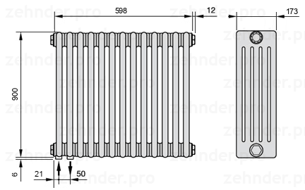 Схема (чертеж) Радиатор Zehnder Charleston 5090/13 №3370 Белый глянцевый RAL 9016